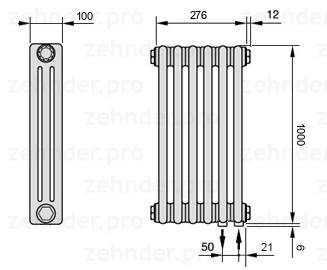 Схема (чертеж) Радиатор Zehnder Charleston 3100/6 №5510 Белый глянцевый RAL 9016